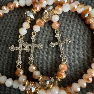Elegant Gold and Cream Beaded Cross Bracelet Set